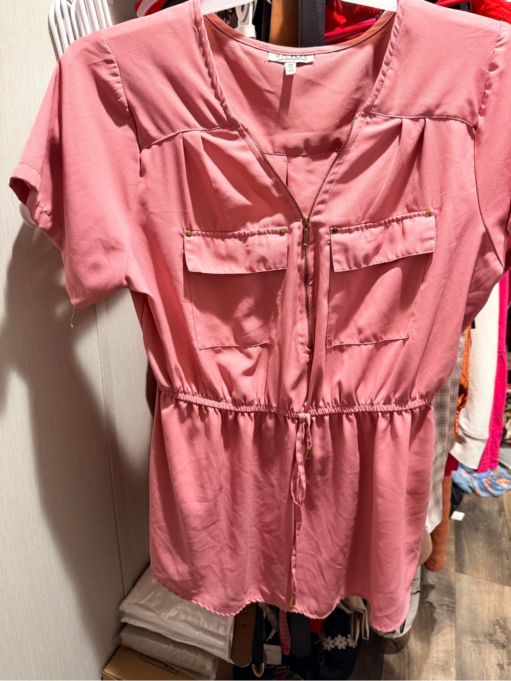 Pink Short Sleeve Zip Front Romper